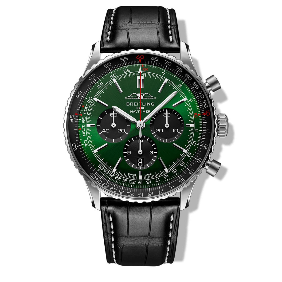  Shop Authentic Breitling Navitimer B01 Chronograph 46 Green Dial Black Leather Strap Watch for Men - AB0137241L1P1 - Luxxuri