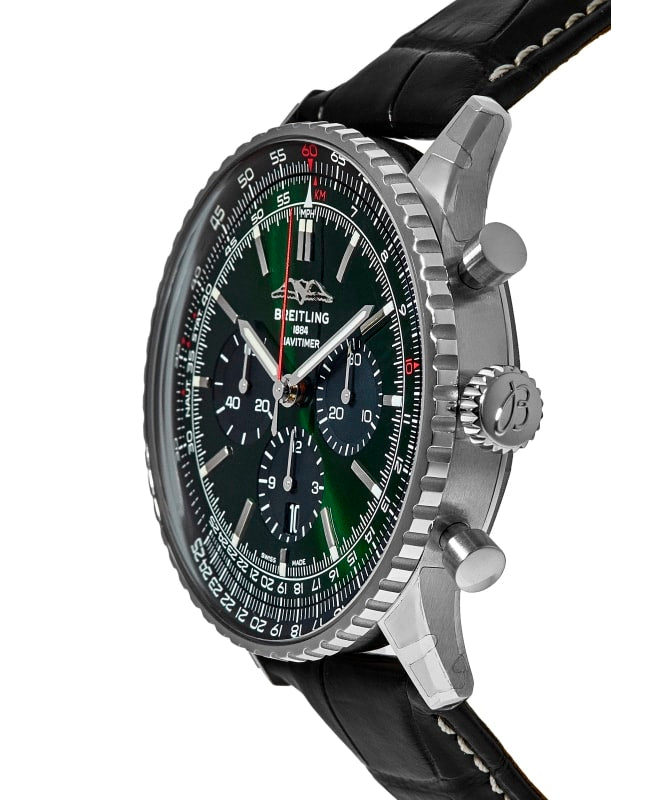  Shop Authentic Breitling Navitimer B01 Chronograph 46 Green Dial Black Leather Strap Watch for Men - AB0137241L1P1 - Luxxuri