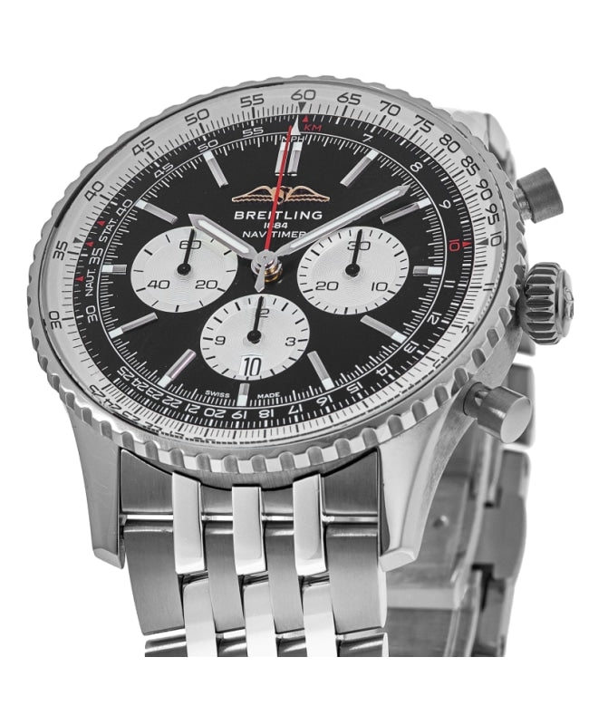  Shop Authentic Breitling Navitimer B01 Chronograph 43 Black Dial Silver Steel Strap Watch for Men - AB0138211B1A1 - Luxxuri