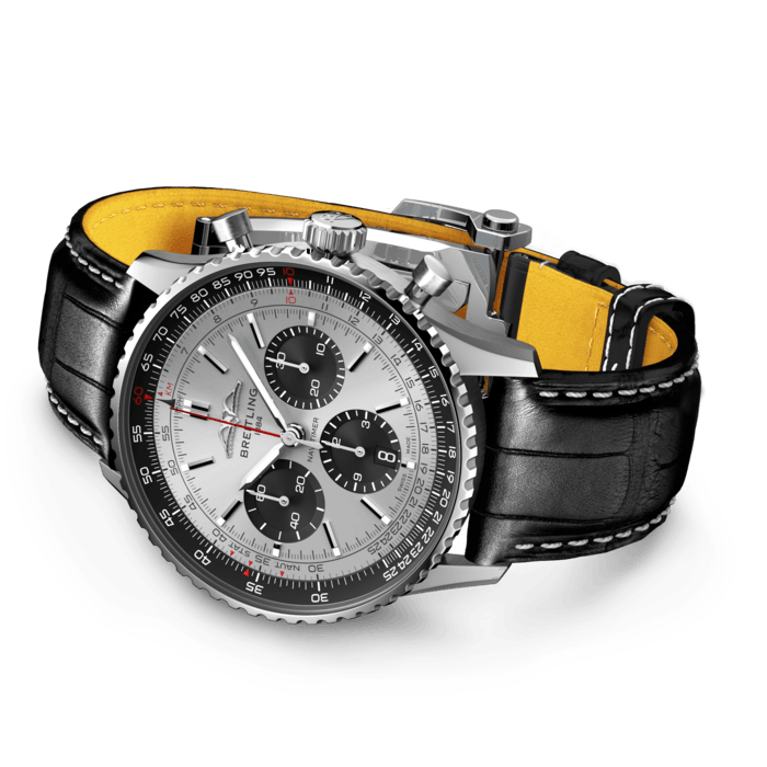  Shop Authentic Breitling Navitimer B01 Chronograph 43 Silver Dial Black Leather Strap Watch for Men - AB0138241G1P1 - Luxxuri
