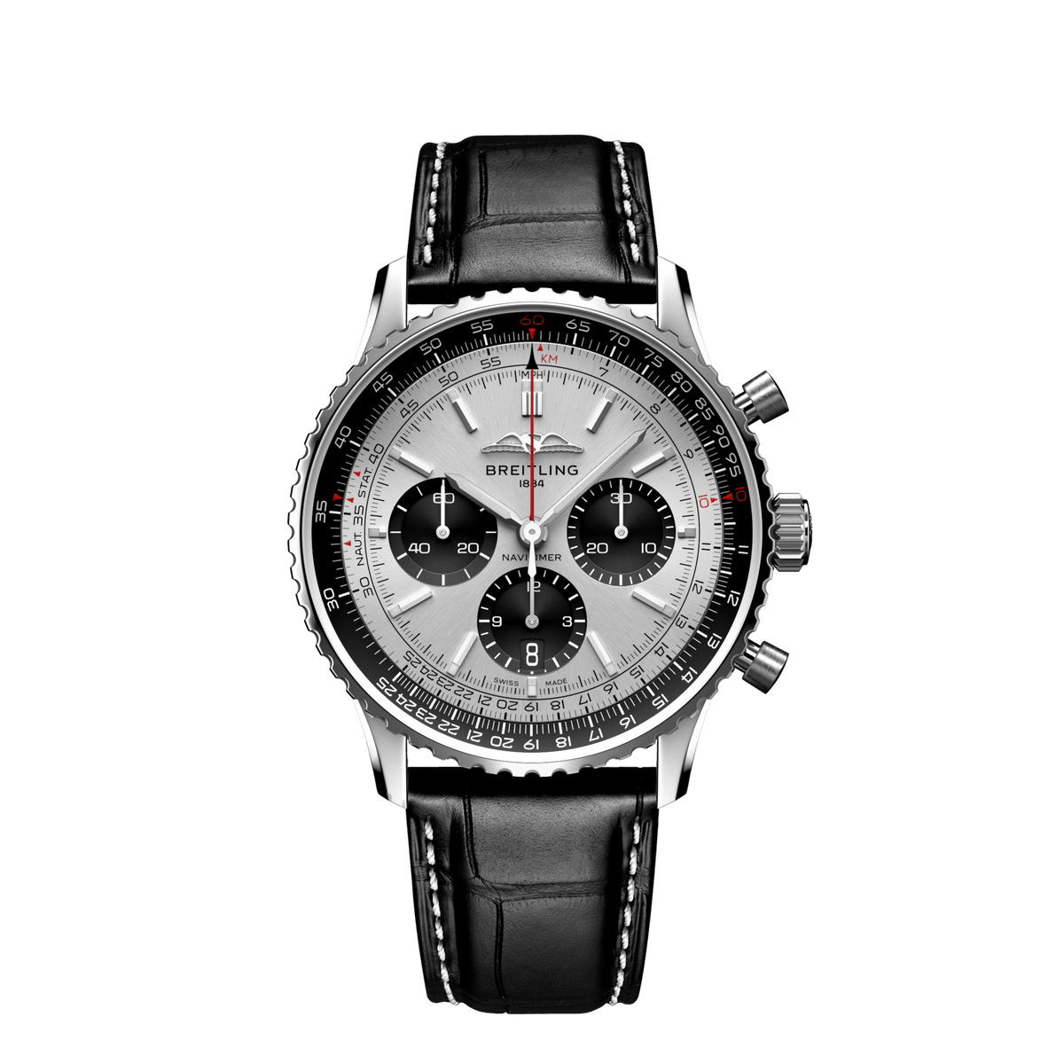  Shop Authentic Breitling Navitimer B01 Chronograph 43 Silver Dial Black Leather Strap Watch for Men - AB0138241G1P1 - Luxxuri