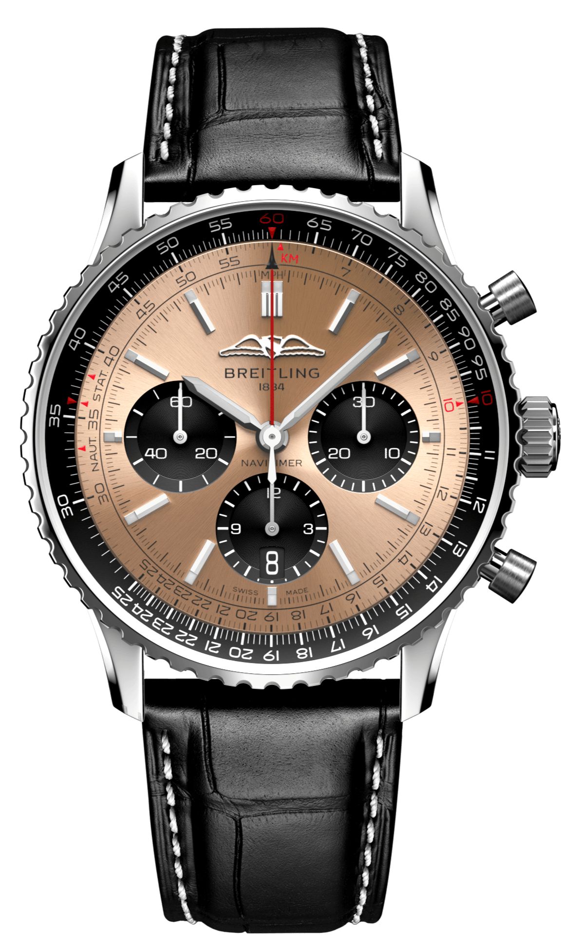  Shop Authentic Breitling Navitimer B01 Chronograph 43 Brown Dial Black Leather Strap Watch for Men - AB0138241K1P1 - Luxxuri