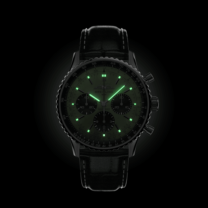  Shop Authentic Breitling Navitimer B01 Chronograph 43 Green Dial Black Leather Strap Watch for Men - AB0138241L1P1 - Luxxuri