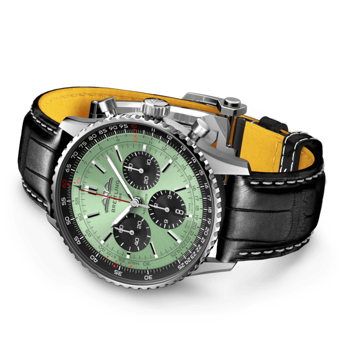  Shop Authentic Breitling Navitimer B01 Chronograph 43 Green Dial Black Leather Strap Watch for Men - AB0138241L1P1 - Luxxuri