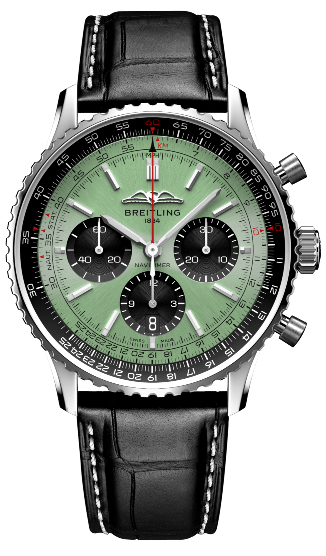  Shop Authentic Breitling Navitimer B01 Chronograph 43 Green Dial Black Leather Strap Watch for Men - AB0138241L1P1 - Luxxuri
