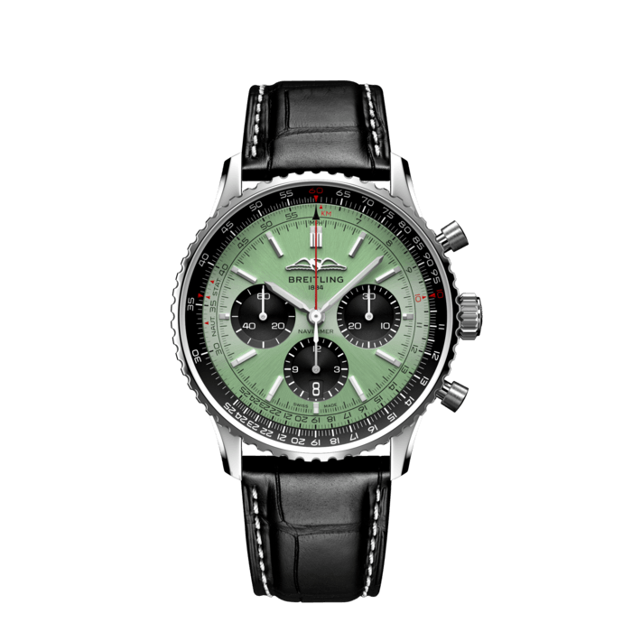  Shop Authentic Breitling Navitimer B01 Chronograph 43 Green Dial Black Leather Strap Watch for Men - AB0138241L1P1 - Luxxuri