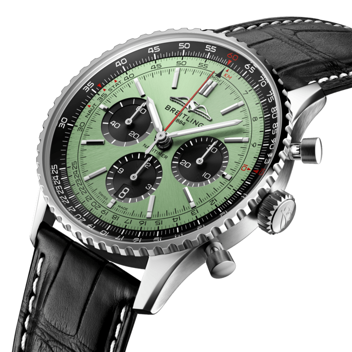  Shop Authentic Breitling Navitimer B01 Chronograph 43 Green Dial Black Leather Strap Watch for Men - AB0138241L1P1 - Luxxuri