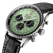  Shop Authentic Breitling Navitimer B01 Chronograph 43 Green Dial Black Leather Strap Watch for Men - AB0138241L1P1 - Luxxuri