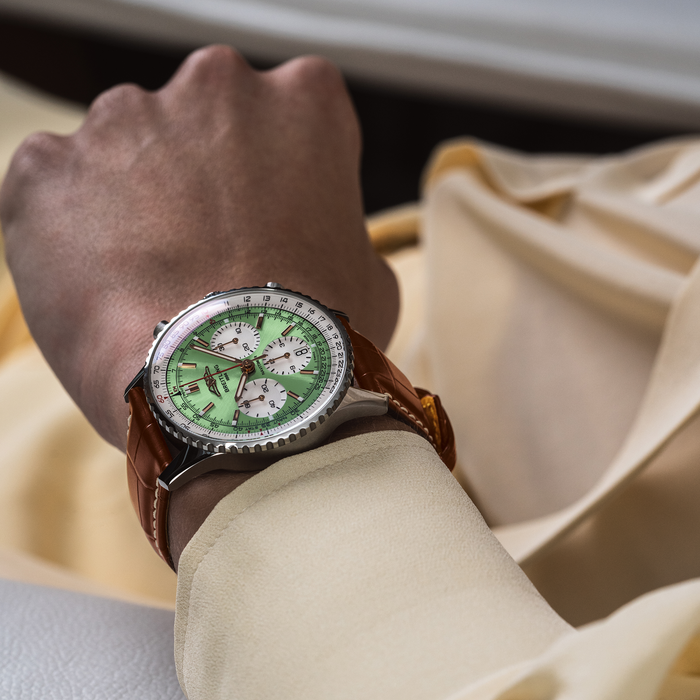  Shop Authentic Breitling Navitimer B01 Chronograph 41 Green Dial Brown Leather Strap Watch for Men - AB0139211L1P1 - Luxxuri