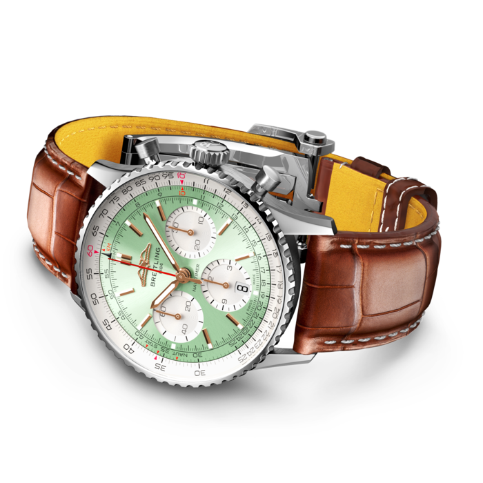  Shop Authentic Breitling Navitimer B01 Chronograph 41 Green Dial Brown Leather Strap Watch for Men - AB0139211L1P1 - Luxxuri