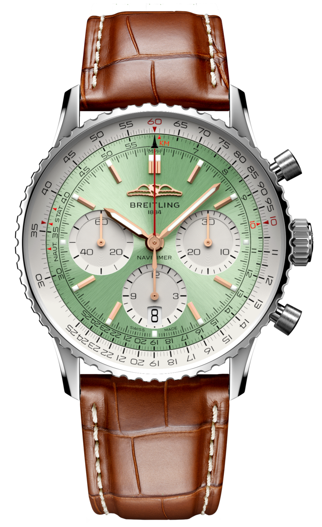  Shop Authentic Breitling Navitimer B01 Chronograph 41 Green Dial Brown Leather Strap Watch for Men - AB0139211L1P1 - Luxxuri