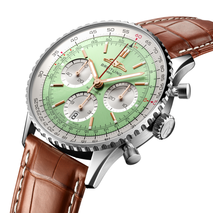  Shop Authentic Breitling Navitimer B01 Chronograph 41 Green Dial Brown Leather Strap Watch for Men - AB0139211L1P1 - Luxxuri