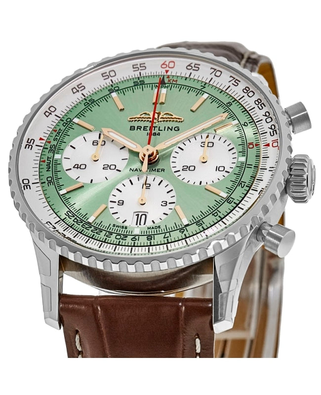  Shop Authentic Breitling Navitimer B01 Chronograph 41 Green Dial Brown Leather Strap Watch for Men - AB0139211L1P1 - Luxxuri
