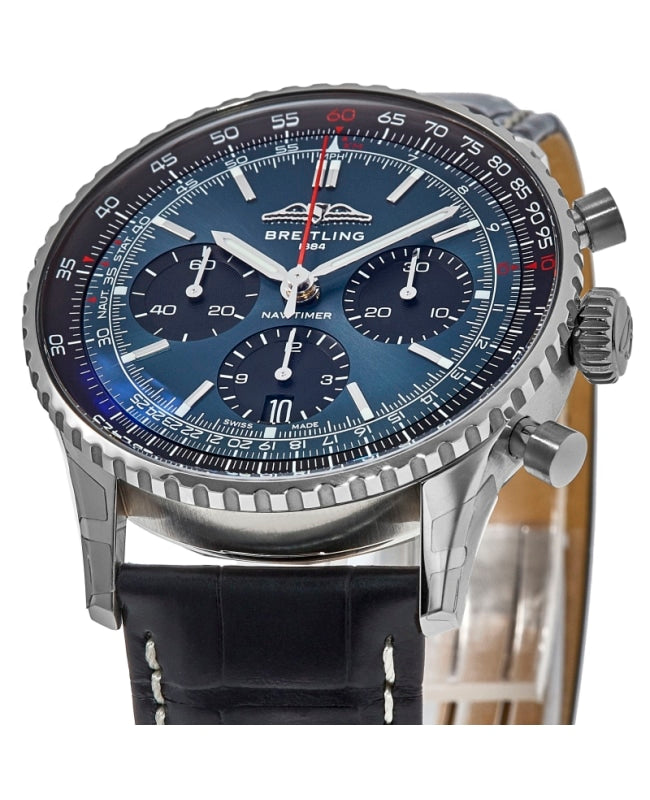  Shop Authentic Breitling Navitimer B01 Chronograph 41 Blue Dial Black Leather Strap Watch for Men - AB0139241C1P1 - Luxxuri