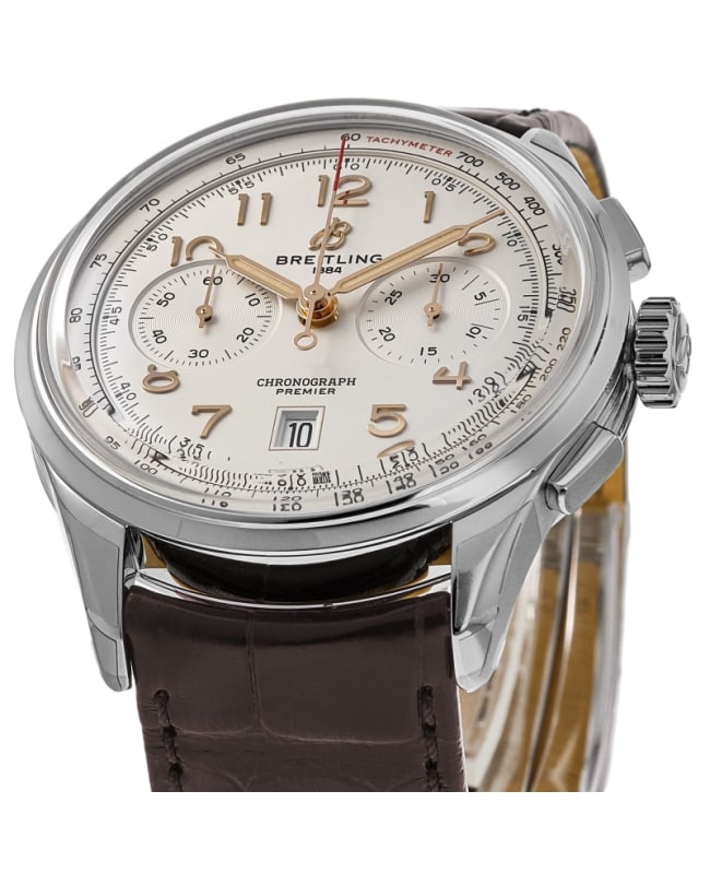  Shop Authentic Breitling Premier B01 Chronograph 42 White Dial Brown Leather Strap Watch for Men - AB0145211G1P1 - Luxxuri