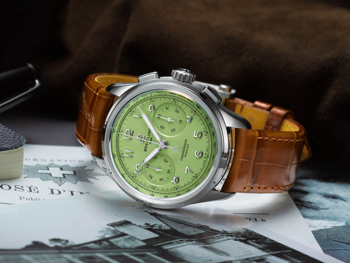  Shop Authentic Breitling Premier B09 Chronograph 40 Green Dial Brown Leather Strap Watch for Men - AB0930D31L1P1 - Luxxuri