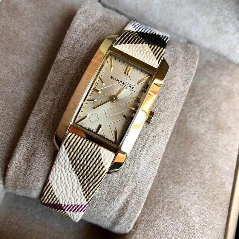  Shop Authentic Burberry Pioneer Champagne Dial Haymarket Beige Leather Strap Watch for Women - BU9407 - Luxxuri