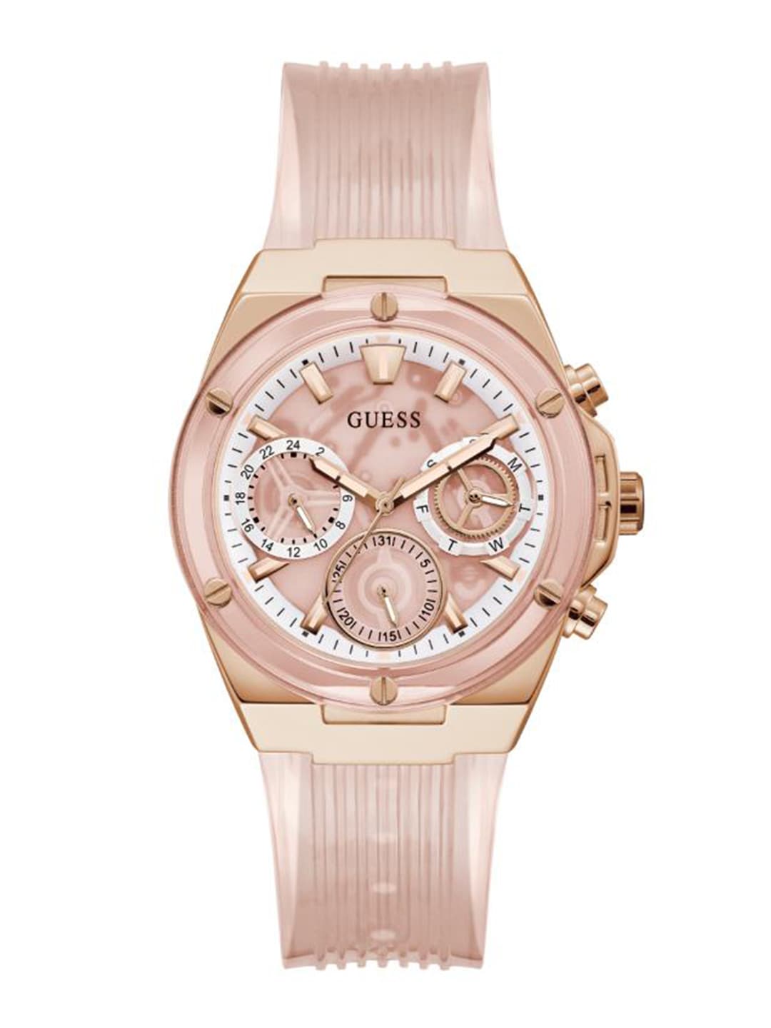  Shop Authentic Guess Athena Rose Gold Dial Rose Gold Rubber Strap Watch for Women - GW0409L3 - Luxxuri