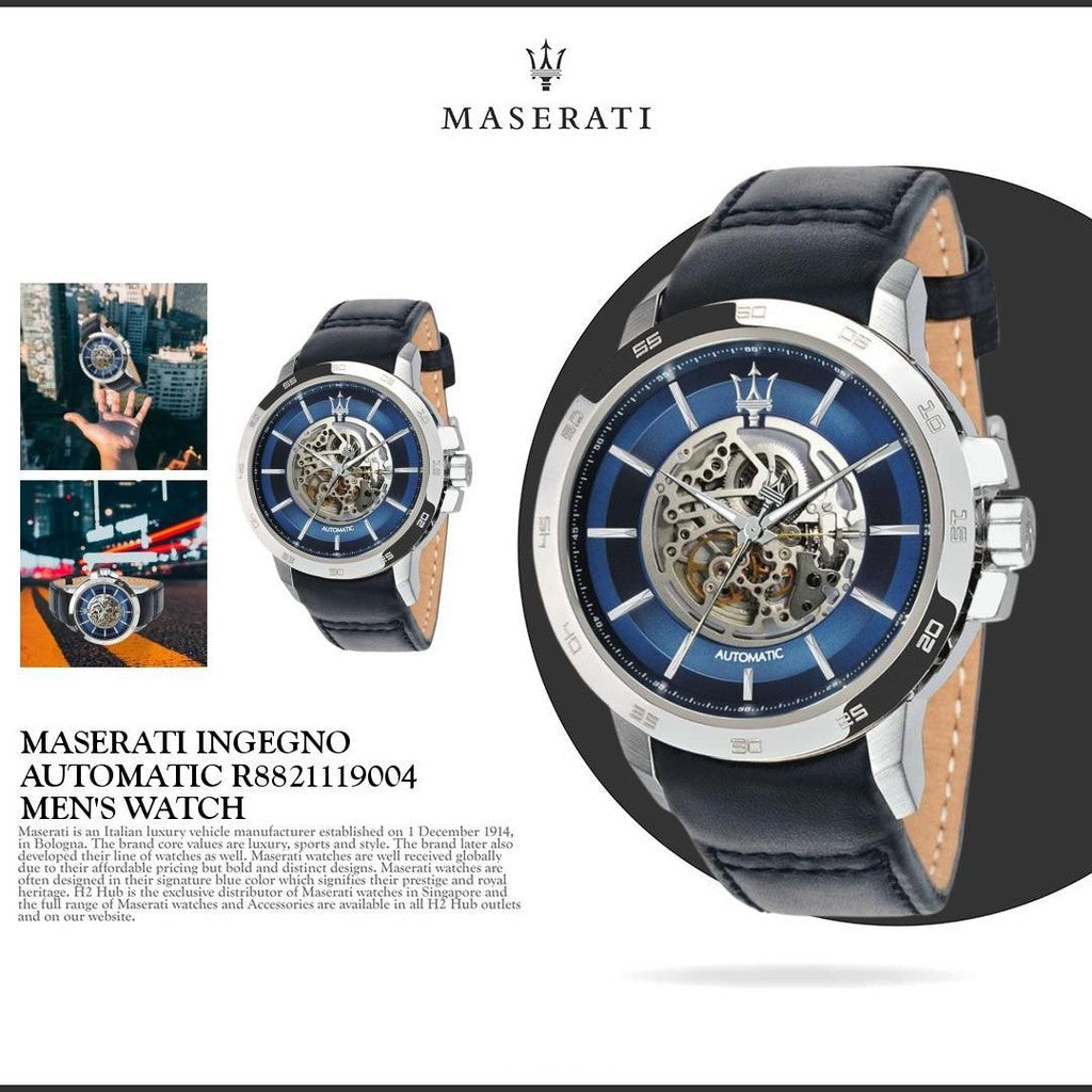  Shop Authentic Maserati Ingegno Automatic Blue Skeleton Dial Black Leather Strap Watch For Men - R8821119004 - Luxxuri