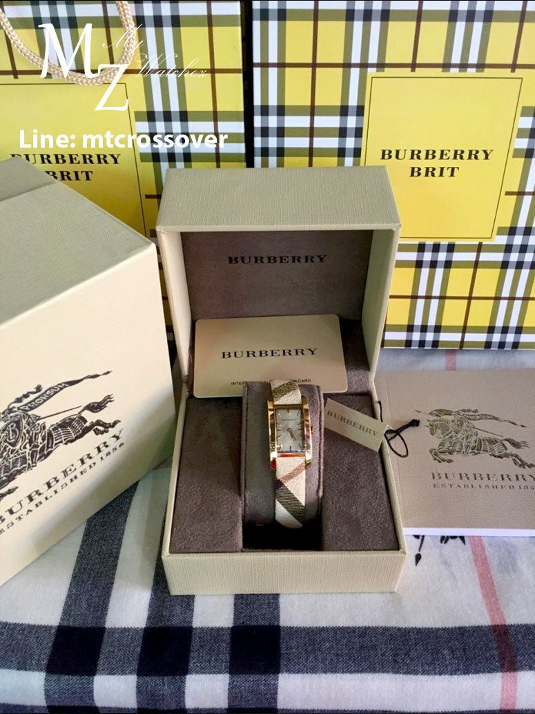  Shop Authentic Burberry Pioneer Gold Dial Haymarket Beige Leather Strap Watch for Women - BU9509 - Luxxuri