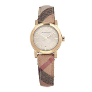  Shop Authentic Burberry The City Gold Dial Haymarket Brown Leather Strap Watch for Women - BU9219 - Luxxuri