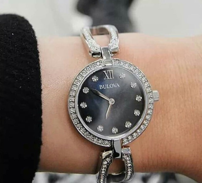  Shop Authentic Bulova Crystal Black Mother of Pearl Dial Silver Steel Strap Watch for Women - 96L224 - Luxxuri