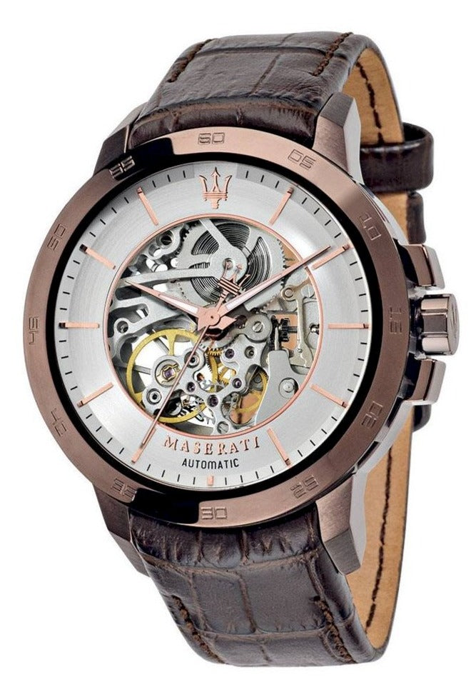  Shop Authentic Maserati Ingegno Automatic White Skeleton Dial Brown Leather Strap Watch For Men - R8821119003 - Luxxuri