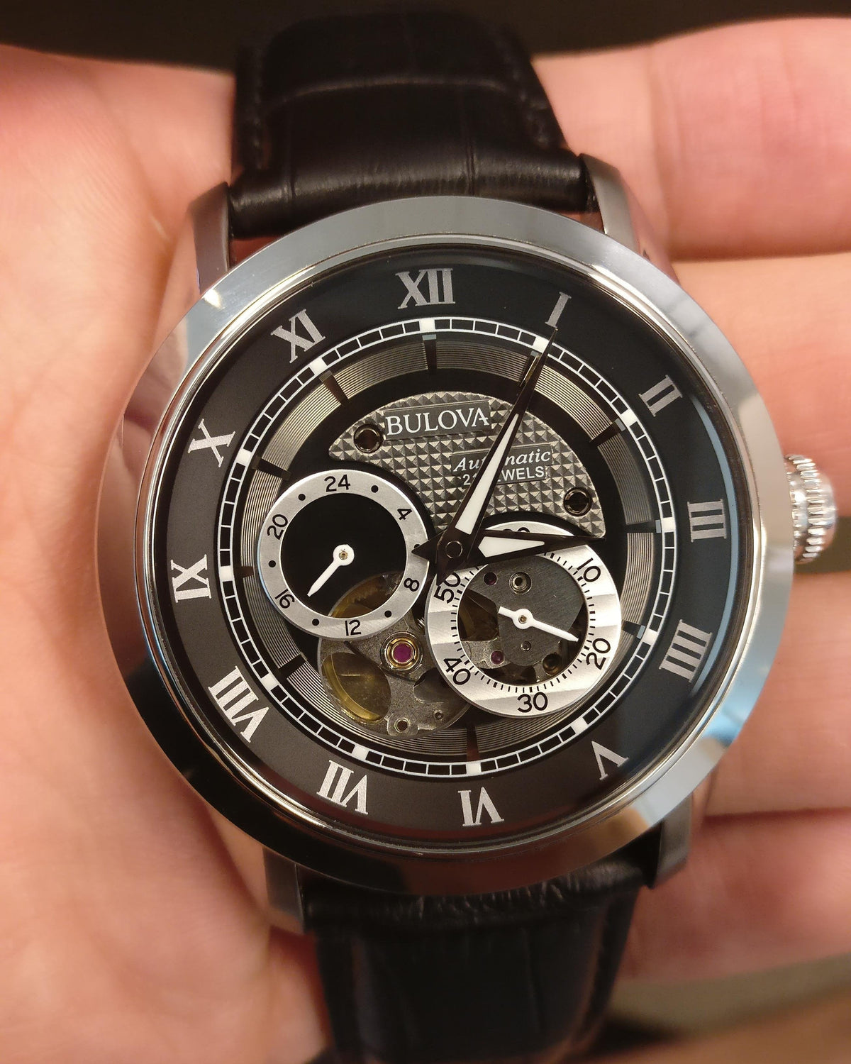  Shop Authentic Bulova BVA Classic Automatic Silver Dial Black Leather Strap Watch for Men - 96A135 - Luxxuri