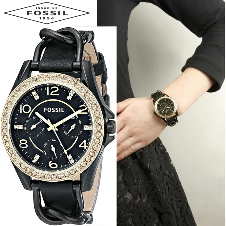  Shop Authentic Fossil Riley Black Dial Black Leather Strap Watch for Women - ES3696 - Luxxuri
