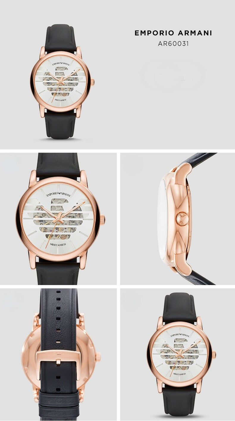  Shop Authentic Emporio Armani Meccanico Skeleton Silver Dial Black Leather Strap Watch For Men - AR60031 - Luxxuri