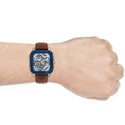  Shop Authentic Fossil Inscription Automatic Skeleton Blue Dial Brown Leather Strap Watch for Men - BQ2571 - Luxxuri