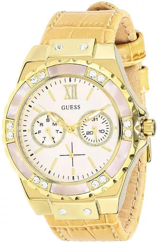  Shop Authentic Guess Limelight Quartz Silver Dial Golden Leather Strap Watch For Women - W0775L2 - Luxxuri