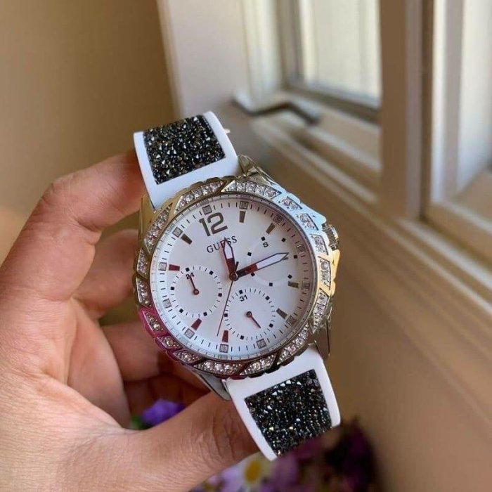  Shop Authentic Guess Swirl Quartz Silver Dial White Silicone Strap Watch for Women - W1096L1 - Luxxuri