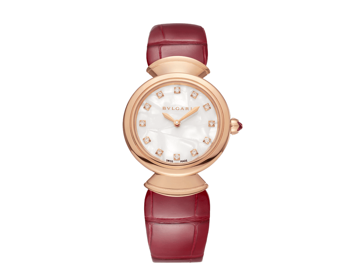  Shop Authentic Bvlgari Divas Dream Diamonds Mother of Pearl Dial Red Leather Strap Watch for Women - DREAM102840 - Luxxuri