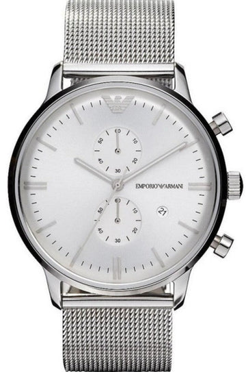  Shop Authentic Emporio Armani Classic Chronograph Quartz Silver Dial Silver Mesh Bracelet Watch For Men - AR0390 - Luxxuri