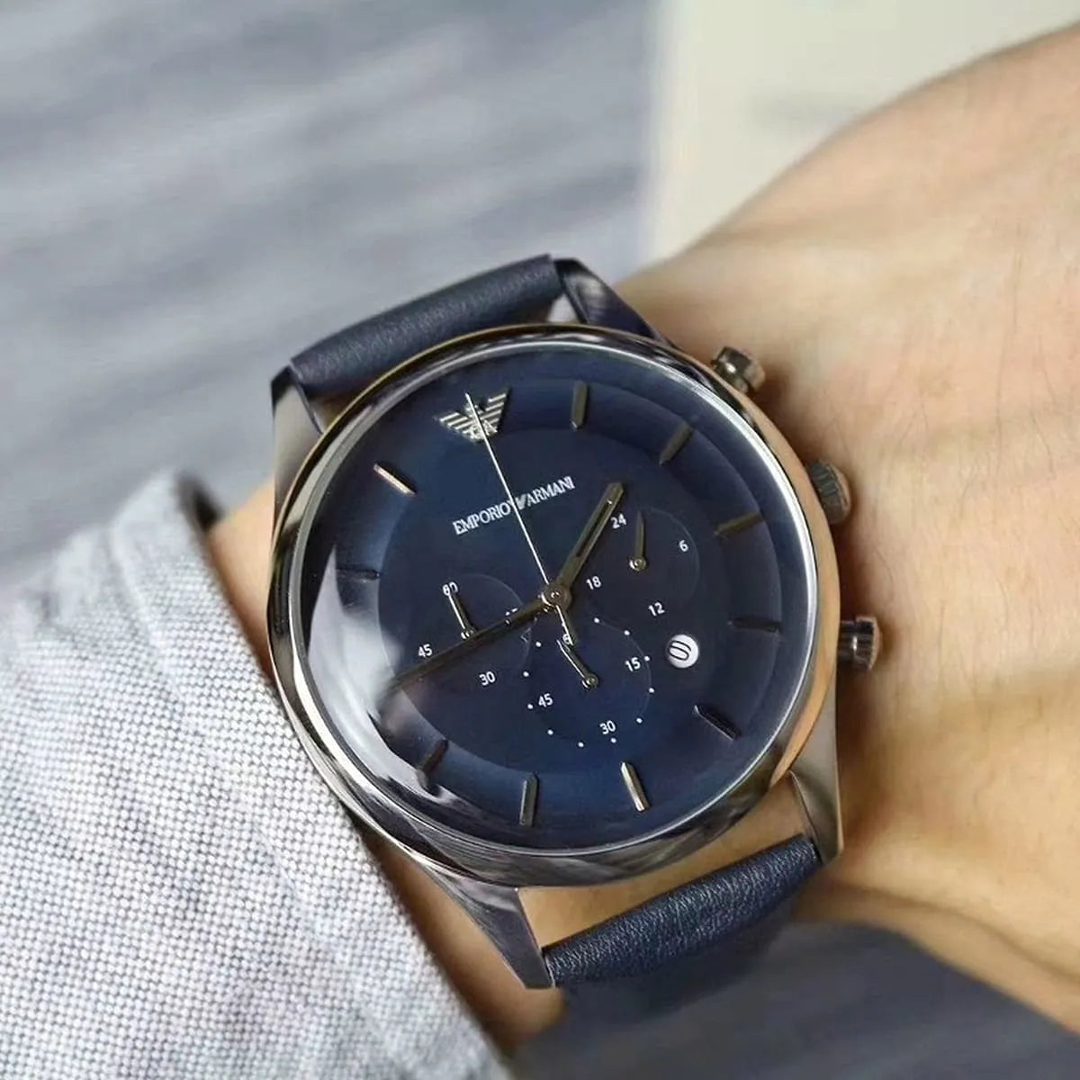  Shop Authentic Emporio Armani Lambda Chronograph Blue Dial Blue Leather Strap Watch For Men - AR11018 - Luxxuri
