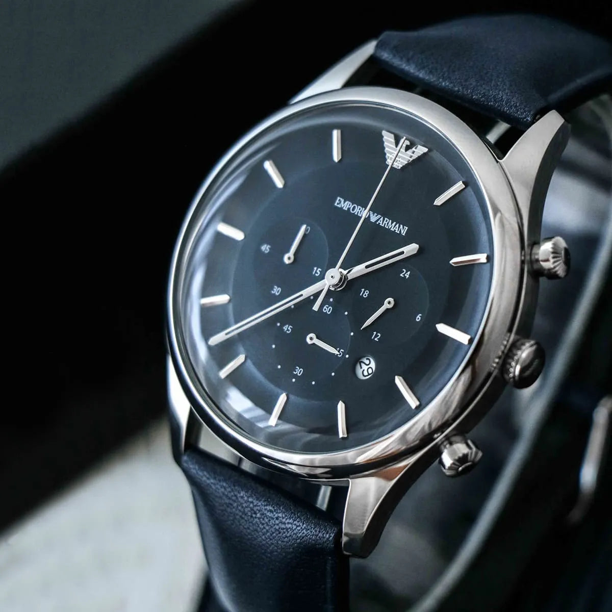  Shop Authentic Emporio Armani Lambda Chronograph Blue Dial Blue Leather Strap Watch For Men - AR11018 - Luxxuri