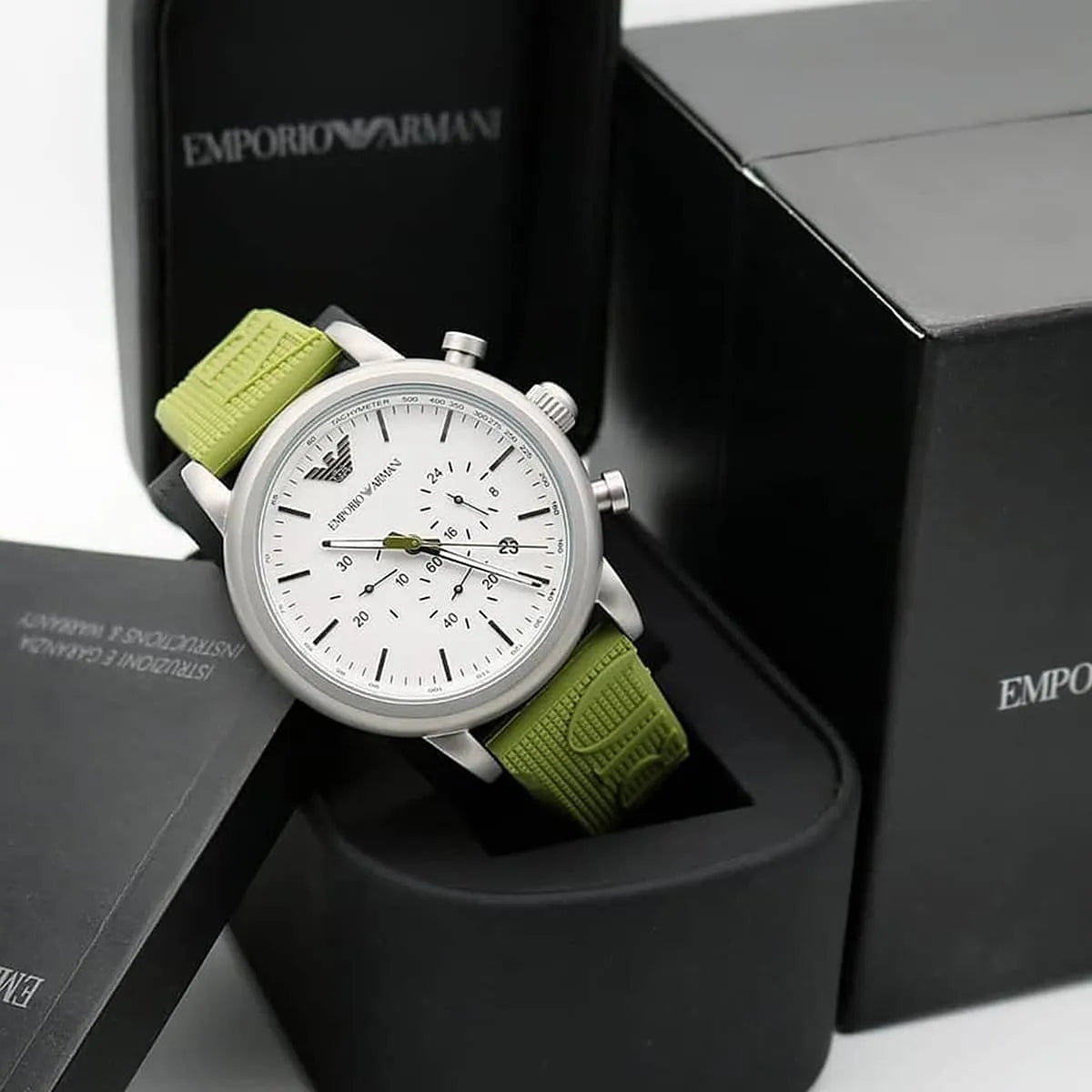  Shop Authentic Emporio Armani Chronograph White Dial Green Rubber Strap Watch For Men - AR11022 - Luxxuri