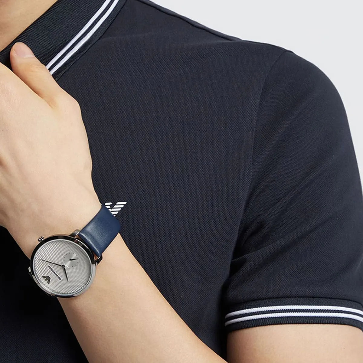  Shop Authentic Emporio Armani Modern Slim Analog Silver Dial Blue Leather Strap Watch For Men - AR11214 - Luxxuri