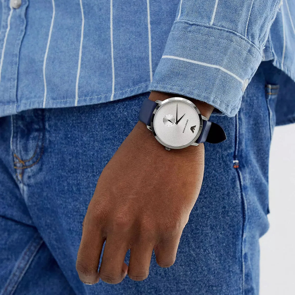  Shop Authentic Emporio Armani Modern Slim Analog Silver Dial Blue Leather Strap Watch For Men - AR11214 - Luxxuri