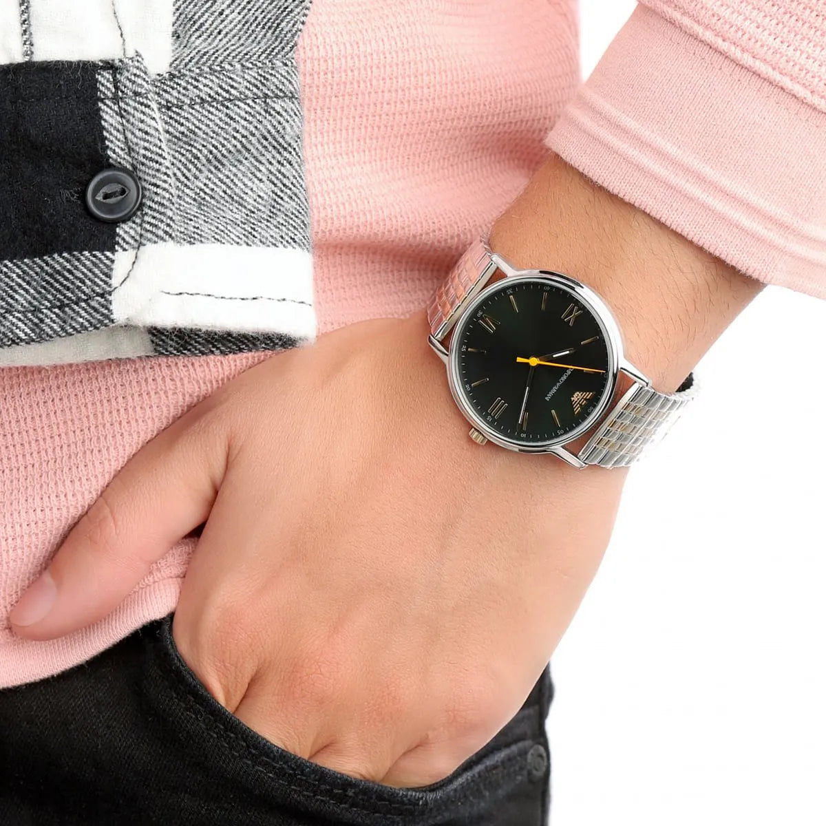  Shop Authentic Emporio Armani Kappa Quartz Black Dial Two Tone Mesh Bracelet Watch For Men - AR11228 - Luxxuri