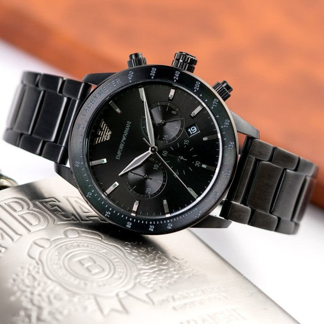  Shop Authentic Emporio Armani Mario Chronograph Black Dial Black Steel Strap Watch For Men - AR11242 - Luxxuri