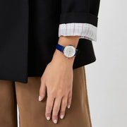  Shop Authentic Emporio Armani Gianni T Bar Quartz Crystals Silver Dial Blue Leather Strap Watch For Women - AR11344 - Luxxuri
