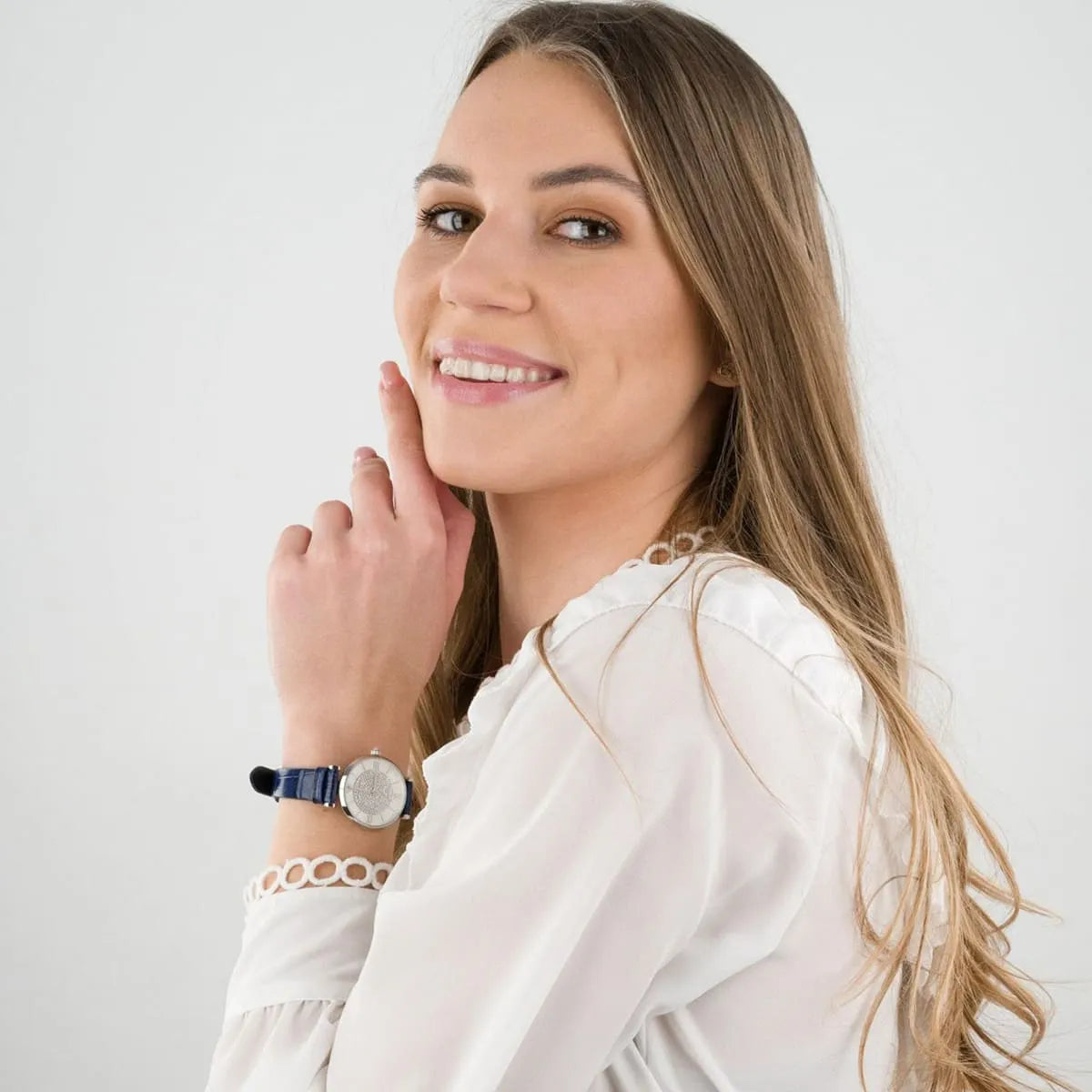  Shop Authentic Emporio Armani Gianni T Bar Quartz Crystals Silver Dial Blue Leather Strap Watch For Women - AR11344 - Luxxuri