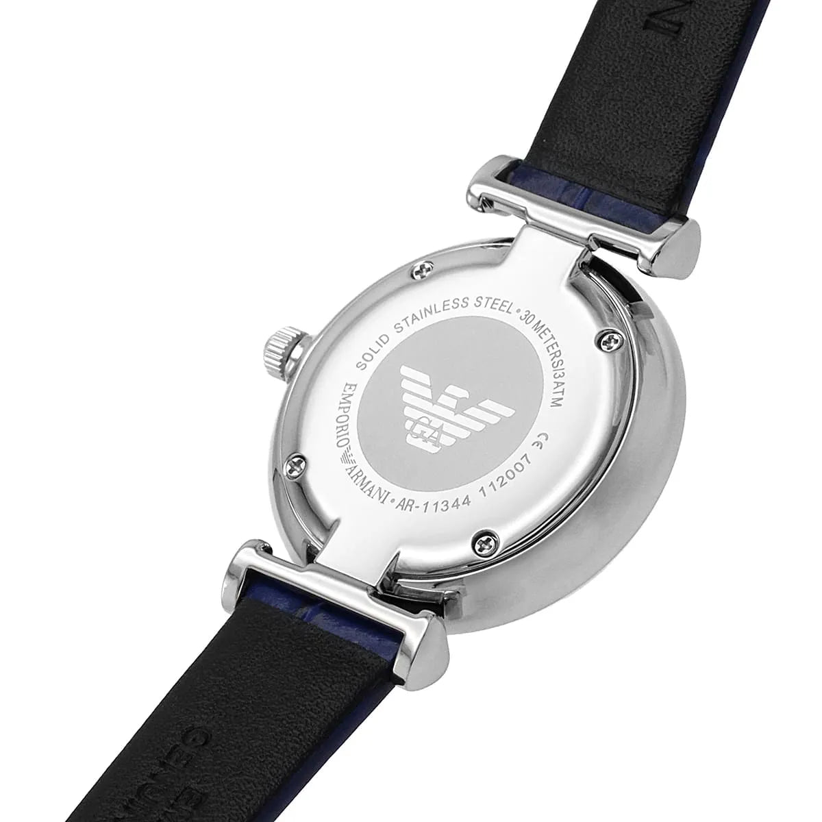  Shop Authentic Emporio Armani Gianni T Bar Quartz Crystals Silver Dial Blue Leather Strap Watch For Women - AR11344 - Luxxuri