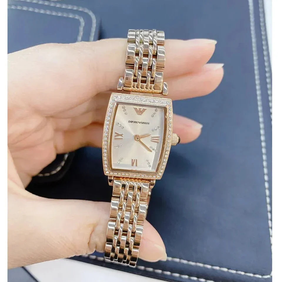  Shop Authentic Emporio Armani Gianni T Bar Quartz Crystals White Dial Rose Gold Steel Strap Watch For Women - AR11406 - Luxxuri