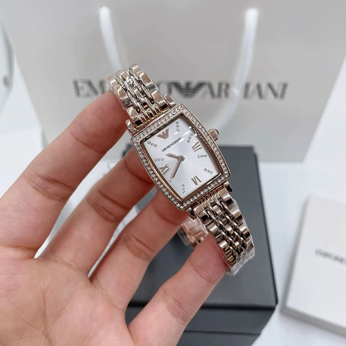  Shop Authentic Emporio Armani Gianni T Bar Quartz Crystals White Dial Rose Gold Steel Strap Watch For Women - AR11406 - Luxxuri