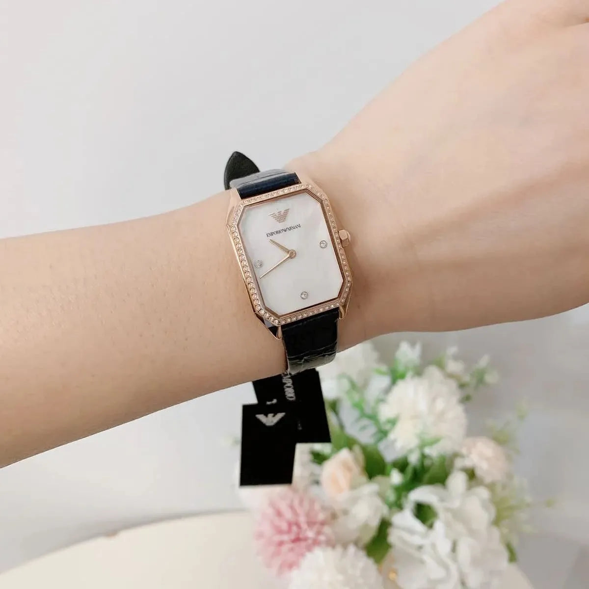  Shop Authentic Emporio Armani Gianni T Bar Quartz Mother of Pearl Dial Blue Leather Strap Watch For Women - AR11466 - Luxxuri