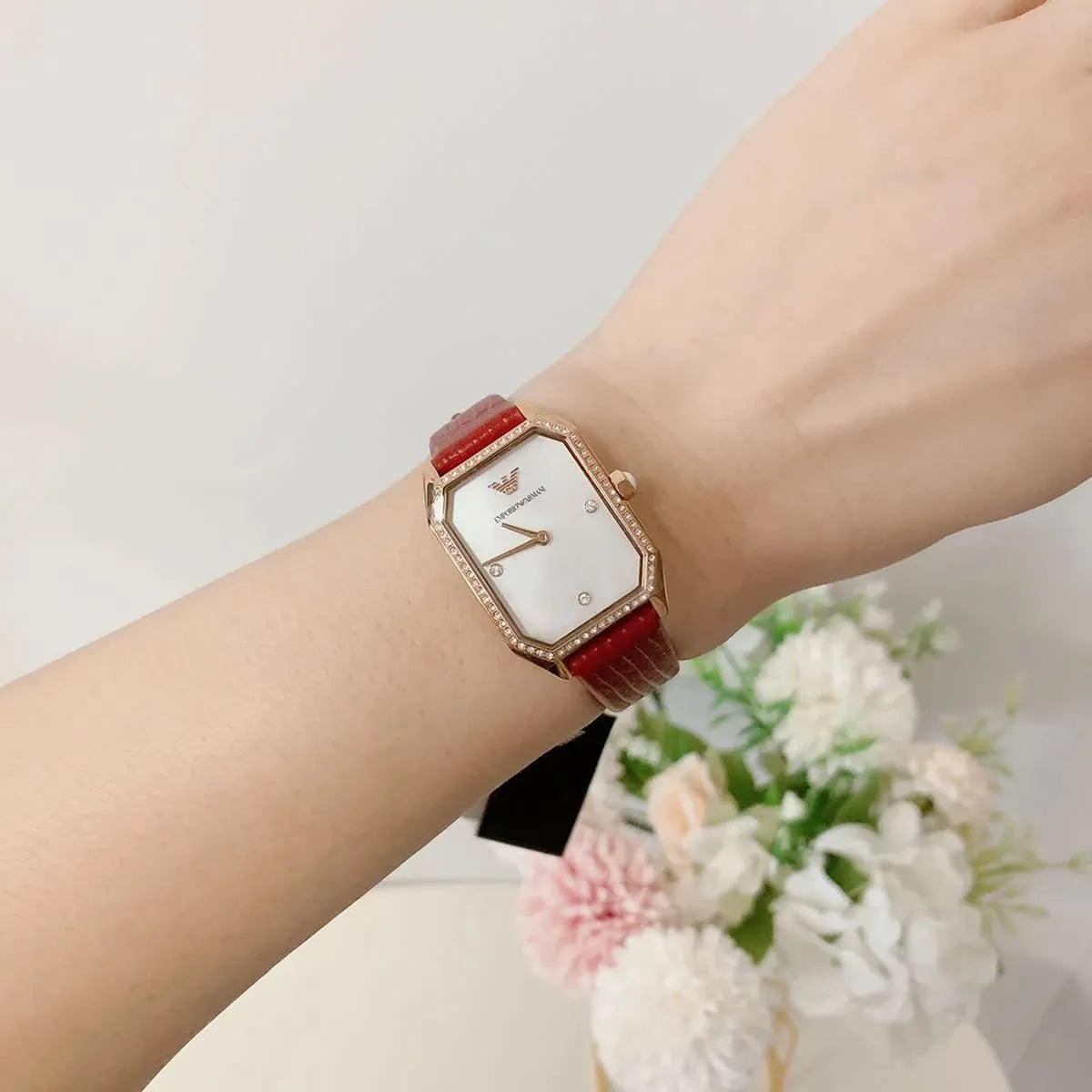  Shop Authentic Emporio Armani Gianni T Bar Two-Hand Mother of Pearl Dial Red Leather Strap Watch For Women - AR11467 - Luxxuri