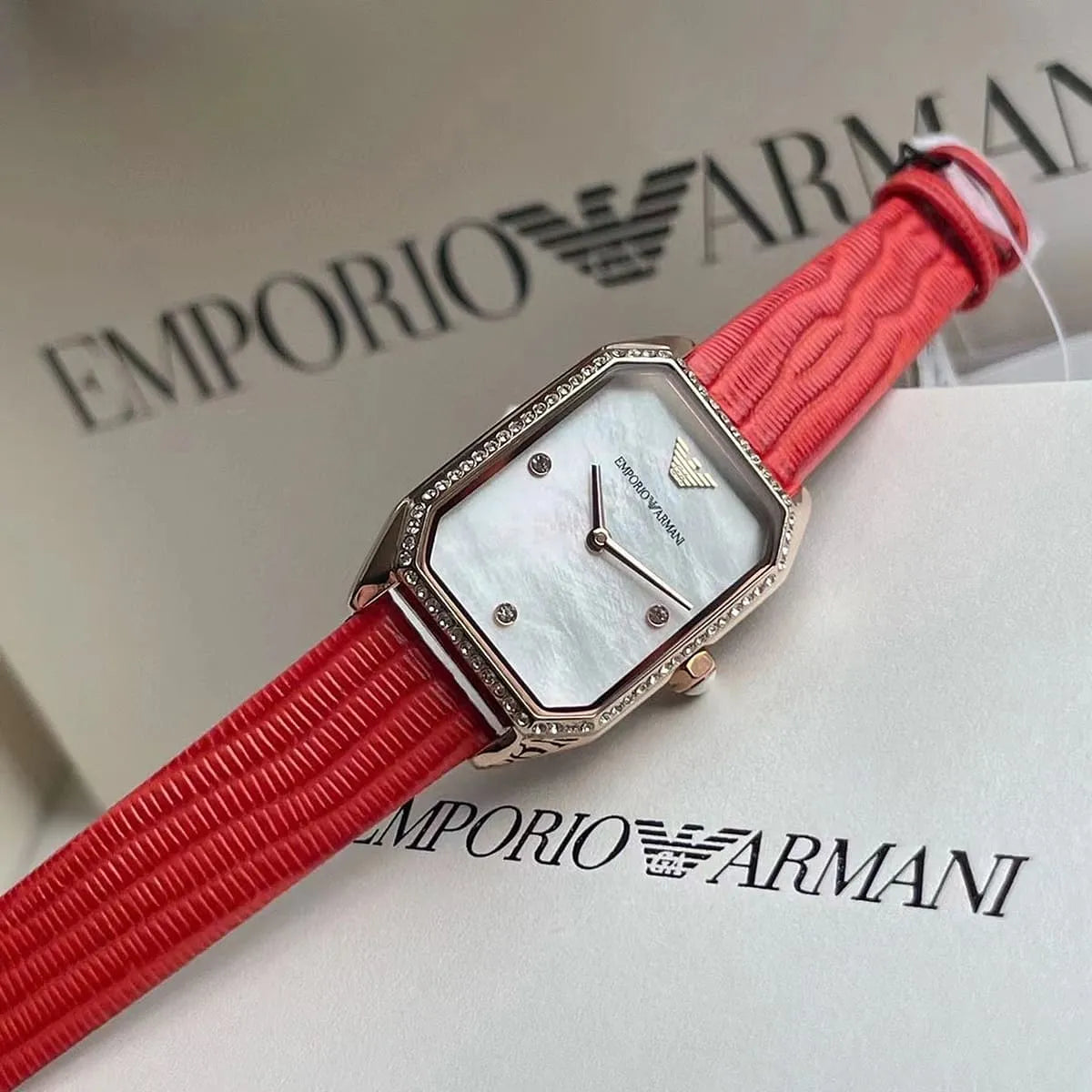  Shop Authentic Emporio Armani Gianni T Bar Two-Hand Mother of Pearl Dial Red Leather Strap Watch For Women - AR11467 - Luxxuri